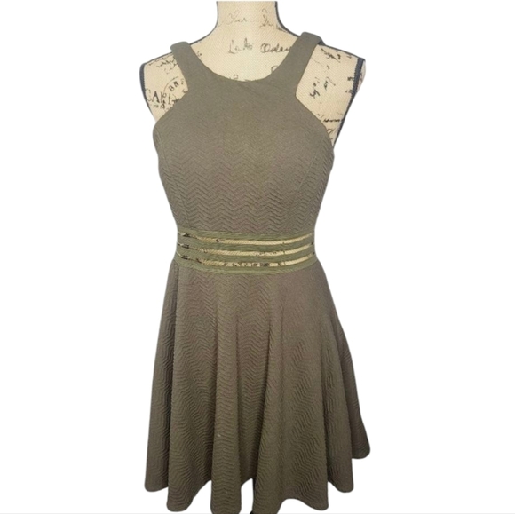 Army Green Illusion Waist Scuba Fit & Flare Dress - Picture 1 of 12